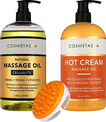 Cellulite Massage Oil, Gel & Mitt - Natural Hot Cream Massage Gel, Oil & Massager - Firm, Tone, Tighten & Moisturize Skin. Soothes Muscle and Joint Pain.