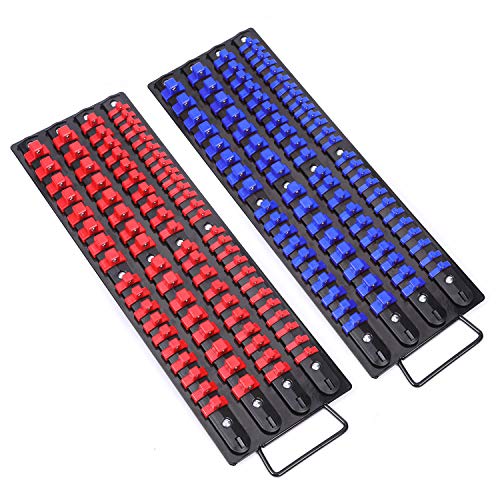 CASOMAN 80-Piece Portable Socket Organizer Tray, 2 Pcs Set, Blue & Red, 1/4-Inch, 3/8-Inch, 1/2-Inch,Heavy Duty Socket Organizer, Black Rails, Blue & Red Clips