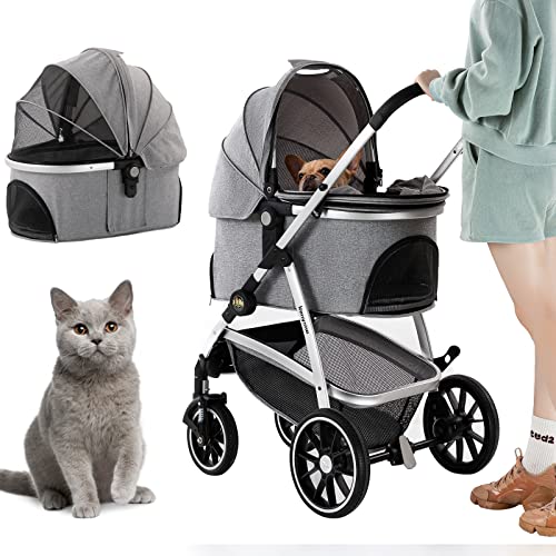 Kenyone Pet Stroller, 3 in 1 Multifunction Pet Travel System 4 Wheels Foldable Aluminum Alloy Frame Carriage for Small Medium Dogs & Cats (Gray)