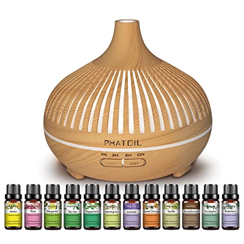 PHATOIL Essential Oil Aromatherapy Diffuser, 500ML Diffusers with Top 12 Essential Oils, Fragrance Oil Humidifier with 3 Mist Mode 4 Timer & 7 Ambient Light Waterless Auto Off for Home Office