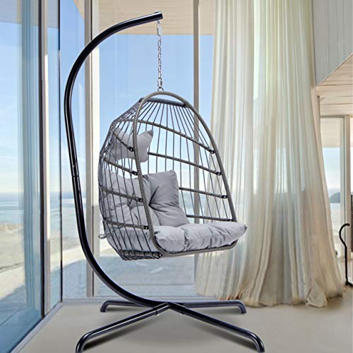 Egg Chair with Stand Indoor Outdoor Patio Wicker Hanging Chair Aluminum Frame Swing Chair Patio Egg Chair with UV Resistant Grey Cushion