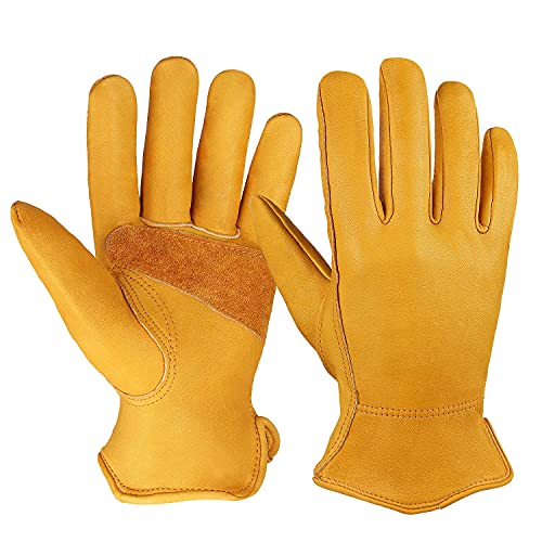 OZERO Leather Work Gloves Flex Grip Stretchable Tough Cowhide Work Gloves 1 Pair (Gold, Medium)