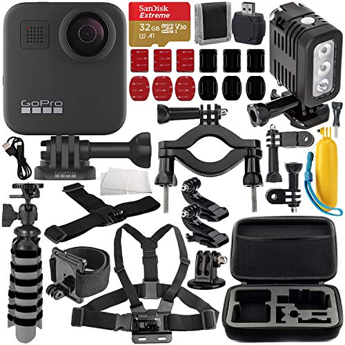 GoPro MAX 360 Action Camera with Deluxe Accessory Bundle – Includes: SanDisk Extreme 32GB microSDHC Memory Card, Rechargeable Underwater LED Light, Protective Carrying Case & Much More
