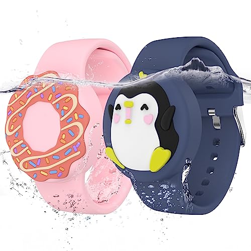 Waterproof Air tag Bracelets for Kids (2 Pack) - Soft Silicone Hidden Air tag Wristband - Lightweight GPS Tracker Holder Compatible with Apple Airtag Band for Child (Penguin/Donut)