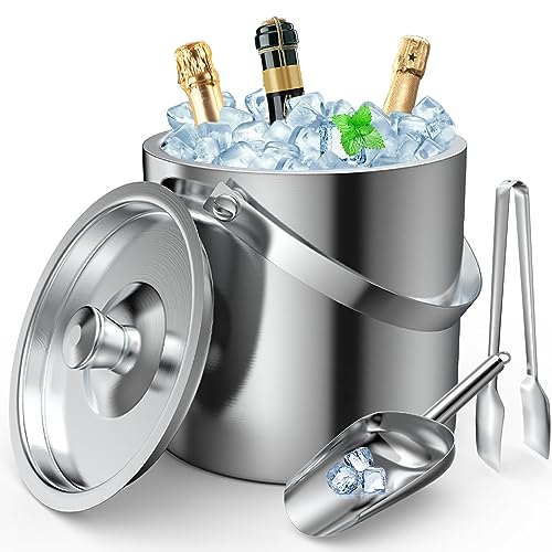 Ice Bucket 3L with Lid,Scoop,Tongs, Double Wall Insulated Stainless Steel Ice Bucket Wine Bucket for Cocktail Bar and Parties