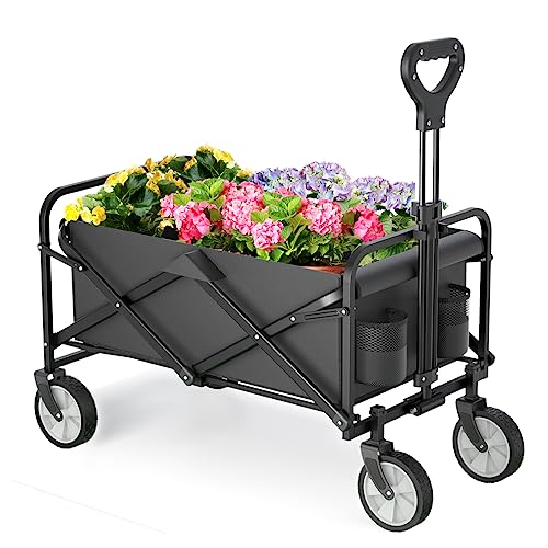 Folding Wagon, Collapsible Wagon Garden Cart Heavy Duty with Side Pocket and Terrain Wheels, Large Capacity Foldable Grocery Beach Wagon for Garden Sports Camping Shopping(1 Year Warranty)