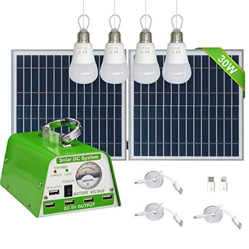 GVSHINE Solar Lights for Inside, 4 Bulbs Solar Shed Lights with On Off Switch, 30W Solar Panel Kit 115WH Backup Battery with Phone Charger, AC to DC Adapter, Home Solar Power System Complete Kit