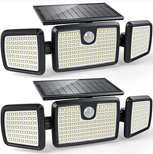Solar Lights Outdoor, 3 Head Solar Motion Lights Outdoor with 2500LM 218 LEDs High Brightness, Built-in Bigger Tempered Glass Solar Panel, Sensitive PIR Motion Inductor (2-Pack)