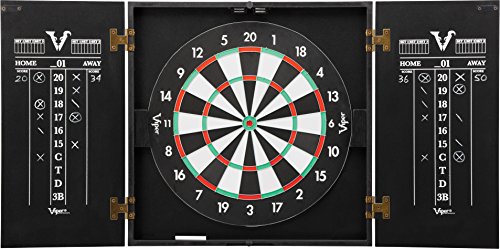 Viper Hideaway Cabinet & Steel-Tip Dartboard Ready-to-Play Bundle, Reversible Standard and Baseball Game Options with Two Sets of Steel-Tip Darts and Chalk Scoreboards, Black Matte Finish