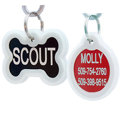 GoTags Personalized Pet ID Tags for Dogs and Cats, Includes Glow in The Dark Silencer to Protect Tag and Engraving, No Noise, Quiet Tags, Front and Backside Engraving, Bone