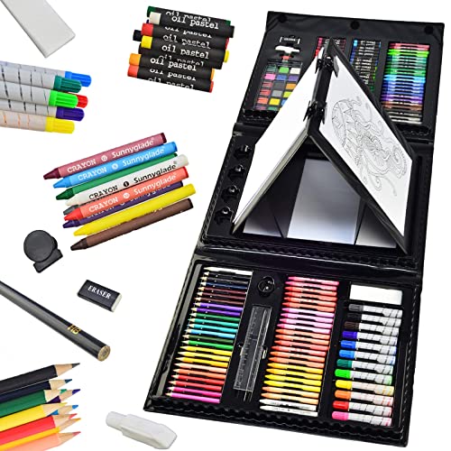 Sunnyglade 185 Pieces Double Sided Trifold Easel Art Set, Drawing Art Box with Oil Pastels, Crayons, Colored Pencils, Markers, Paint Brush, Watercolor Cakes, Sketch Pad