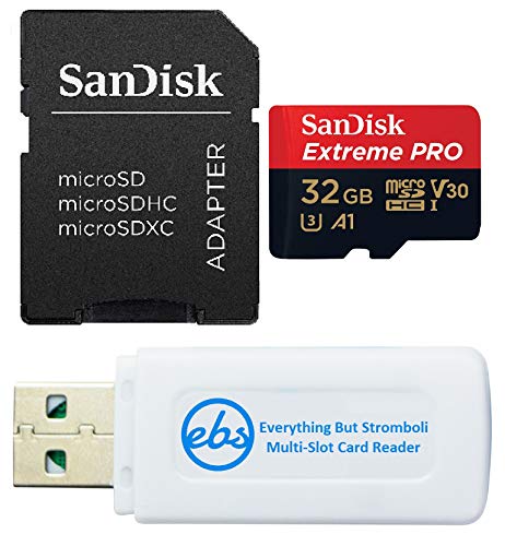 SanDisk Extreme Pro 32GB Micro SD Memory Card for GoPro Hero 9 Black Camera (Hero9) UHS-1 U3 / V30 A1 4K Class 10 (SDSQXCG-032G-GN6MA) Bundle with (1) Everything But Stromboli SDHC & Micro Card Reader