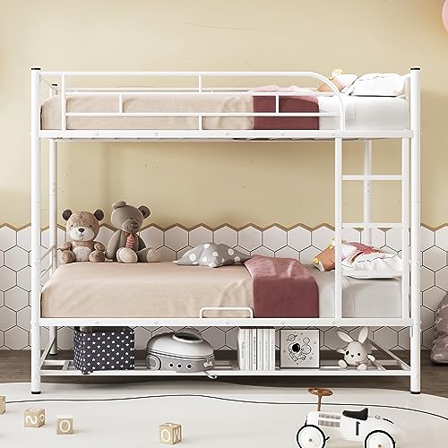 DNYN Twin Over Twin Bunk Bed with Under-Shelf & Ladder for Kids,Adult,Convertible Metal Bedframe,Perfect for Dorm,Bedroom,Guest Room,No Box Spring Needed, White