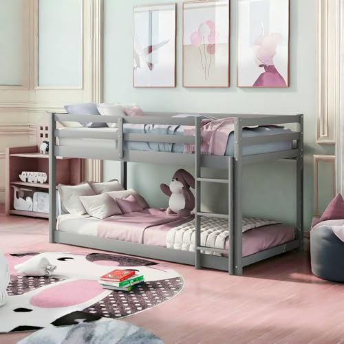 Majnesvon Twin Low Bunk Bed, Solid Wood Twin Over Twin Bunk Bed Frame with Full Guardrails & Integrated Ladder, Floor Twin Bunk Beds for Kids Boys and Girls, No Box Spring Needed