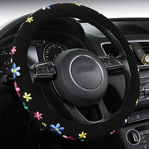 Embroidery Cute Steering Wheel Cover-Deluxe Floral Car Decor,Anti-Slip,Sweat Absorption,Universal 15 inch (floral1)