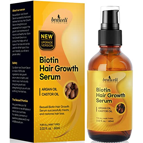Biotin Hair Growth Serum with Castor Oil, Argan Oil - Hair Loss Prevention Treatment with Hair Regrowth Formula for Women by Beaueli
