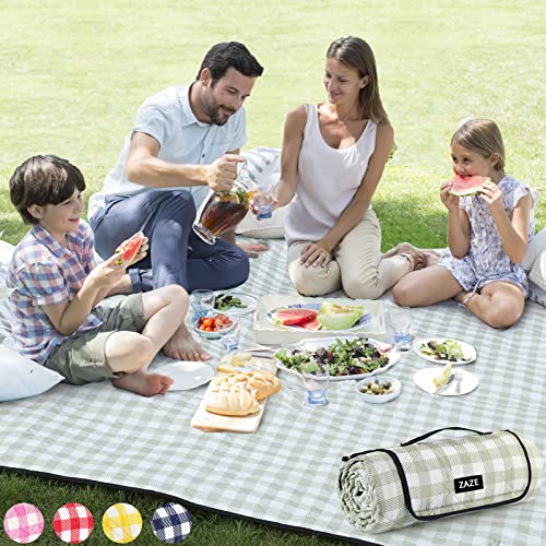 ZAZE Extra Large Picnic Outdoor Blanket, 80''x80'' Waterproof Foldable Blankets Gingham Picnic Mat for Beach, Camping Grass Lawn Park Accessories Cute Couples Gift Ideas Wedding Registry (Green White)