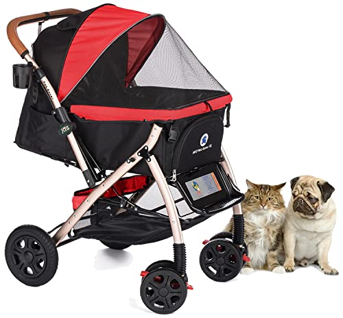 HPZ Pet Rover XL Extra-Long Premium Heavy Duty Dog/Cat/Pet Stroller Travel Carriage with Convertible Compartment/Zipperless Entry/Pump-Free Rubber Tires for Small, Medium, Large Pets (Red 2nd-Gen)