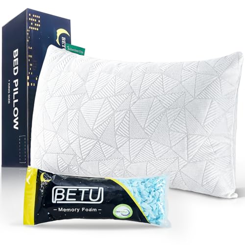 BETU Cooling Pillow Shredded Memory Foam Pillow Queen Size for Hot Sleepers, Adjustable Bed Pillows Perfect for Back Pain, Neck & Side Sleepers, Cooling Gel CertiPUR-US Memory Foam,1 Pack