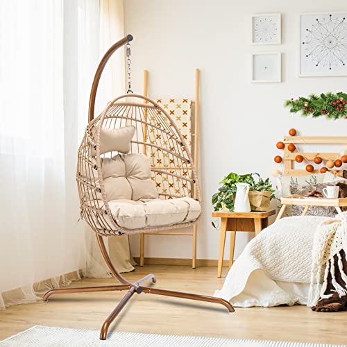 NICESOUL® Swing Egg Chair with Stand Indoor Outdoor Wicker Rattan Patio Basket Hanging Chair with UV Resistant Cushions 350lbs Capaticy for Bedroom Balcony Patio (Cream)