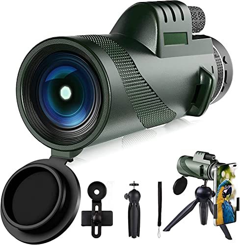 Monocular for Adults, 80x100 High Power Monocular Telescope for Smartphone, BAK4 Prism Zoom Monocular for Hunting, Bird Watching, Hiking, Camping and Concerts with Smartphone Holder and Tripod