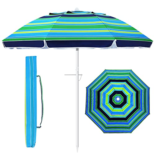 FEFLO Beach Sand Umbrella Portable Outdoor: 6.5 ft Large Striped Heavy Duty Wind Proof UV 50+ Parasol with Anchor Adjustable Tilt Pole 8 Ribs Carry Bag Lightweight