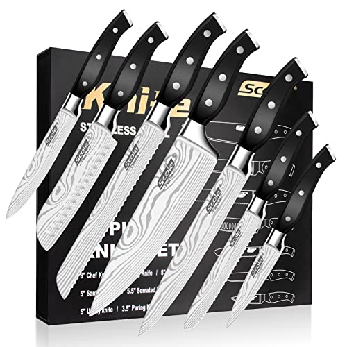 SCOLE® Chef Knife Ultra Sharp Kitchen Knife Set 7-Piece, Premium German 1.4116 Stainless Steel Chefs Knife Set, Ergonomic Handle Professional Knives Set for Kitchen with Gift Box