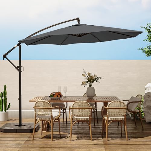 wikiwiki Patio Offset Hanging Umbrella 10 FT Cantilever Outdoor Umbrellas w/Infinite Tilt, Fade Resistant Waterproof Solution-Dyed Canopy & Cross Base, for Yard, Garden & Deck, Grey