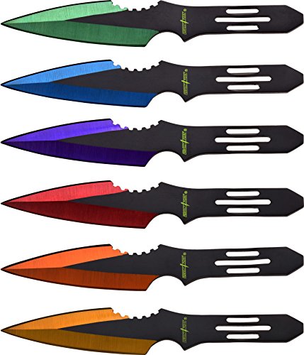 Perfect Point Throwing Knife Set – Set of 6 Throwers, Black Stainless Steel Blades and Handles with Assorted Colored Grinding Lines and Nylon Sheath, Well Balanced, Throwing Sport Knives – PP-595-6MC