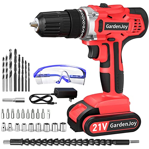 GardenJoy Cordless Power Drill Set: 21V Electric Drill with Fast Charger 3/8-Inch Keyless Chuck 2 Variable Speed 24+1 Torque Setting Power Tools Kit and 30pcs Drill/Driver Bits