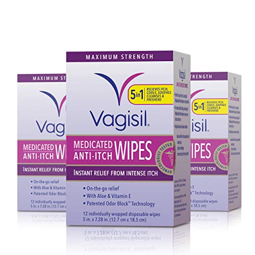 Vagisil Anti-Itch Medicated Feminine Intimate Wipes for Women, Maximum Strength, Gynecologist Tested, 12 Wipes (Pack of 3)