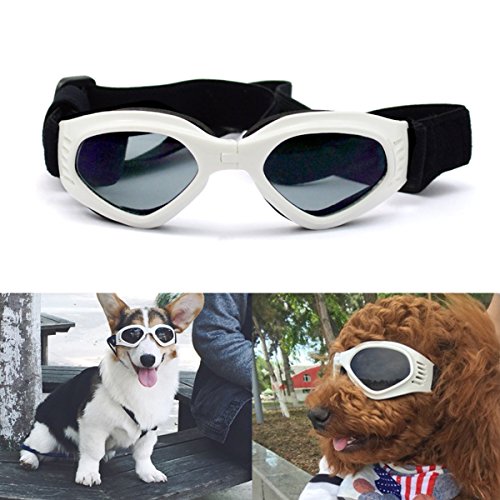 Petleso Pet Goggles, Stylish Dog Sunglasses for UV Stop Waterproof Windproof Anti-Fog Eye Protection - White