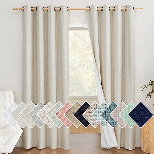 NICETOWN Natural 100% Blackout Linen Curtains 84 inch Long Burg for Living Room, 2 Panels, 52' Wide, Farmhouse Thick Completely Blackout Window Treatment Thermal Insulated Warm Drapes for Winter