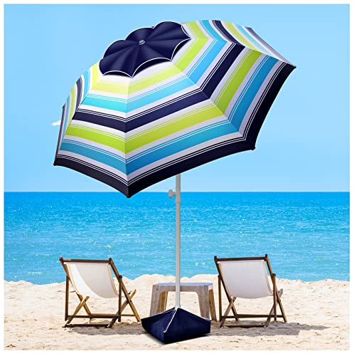 Fisqueen 8FT Large Beach Umbrella, Portable Outdoor Umbrella with UPF50+ UV Protection, Sandbag, Air Vents, Sand Anchor, Push Button Tilt Pole, Windproof Sunshade Shelter for Beach, Sand, Patio, Yard