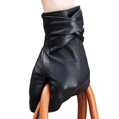 Warmen Women's Lambskin Leather Cold Weather Gloves with Crossing Bow (7.5, Black (Touchscreen Function/Wool Lining))