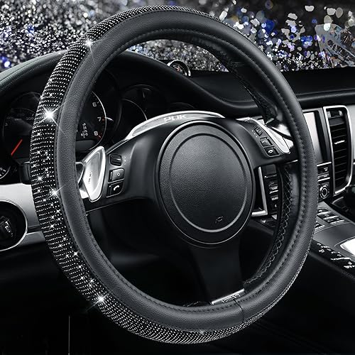CAR PASS Bling Diamond Leather Steering Wheel Cover, With Sparkly Crystal Glitter Rhinestones Universal Fit 14'1/2-15' Car Wheel Protector for Women Girl Fit Suvs,Vans,Sedans,Car,Trucks, Black Diamond