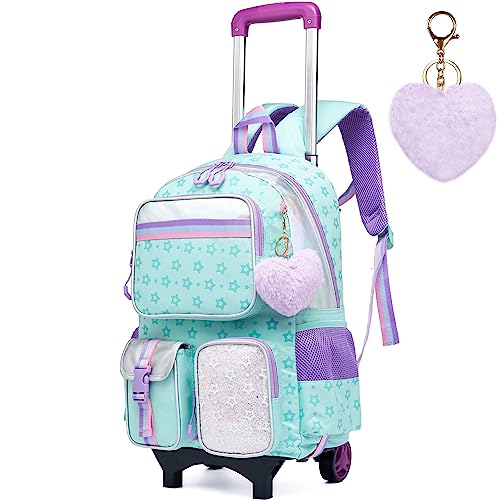 Meetbelify Backpack with Wheels for Girls Rolling Backpack Cute Kawaii Carry on Backpack for Elementary Student (Without Lunch Box Pencil Case Star Green)