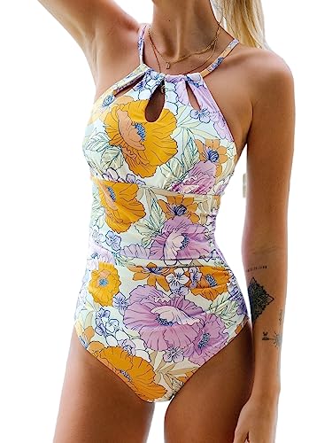 CUPSHE Women Swimsuit One Piece Tummy Control Ruched Self Tie Cutout Floral Bathing Suit, L Lavender