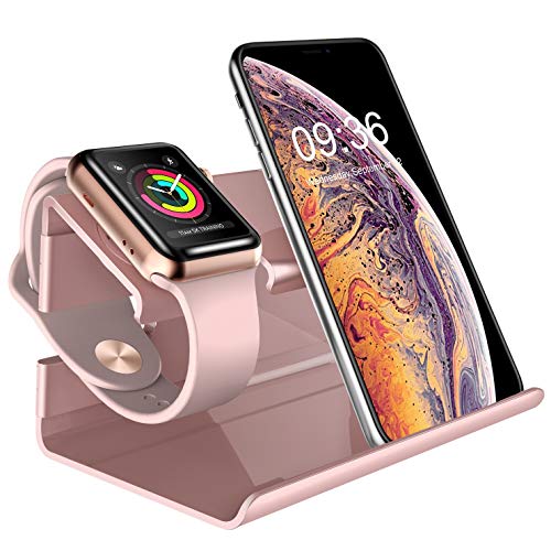 BENTOBEN Apple Watch Stand,iPhone X XS XR XS Max 8 8/7 Plus 7 6S 6 Plus 5S 5C 5 Stand,Charging Stand Dock Station Cradle Nightstand with Anti-Slip Pads for Apple Watch and iPhone Series,Rose Gold
