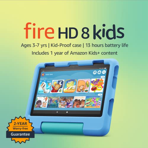 Amazon Fire HD 8 Kids tablet, ages 3-7. Top-selling 8' kids tablet on Amazon - 2022 | ad-free content with parental controls included, 13-hr battery, 32 GB, Blue