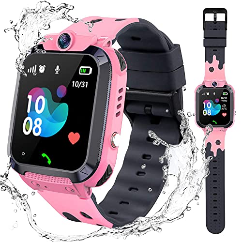 Waterproof Kids Smart Watch GPS Tracker - Boys Girls for 3-12 Year Old with SOS Camera Alarm Call Camera Alarm 1.44'' Touch Screen SOS Electronic Toy Birthday Gifts (01 Waterproof Pink)