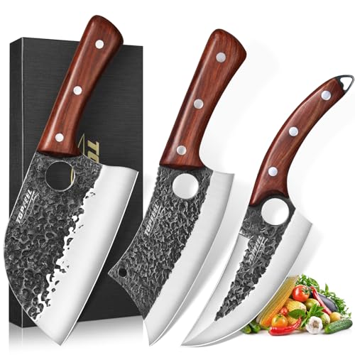 Topfeel 3PCS Butcher Knife Set, Hand Forged Serbian Chef Knife & Meat Cleaver Knife & Viking Knives, Meat Cutting Kitchen Knife Set for Home, Outdoor Cooking, Camping BBQ Gift Idea Men