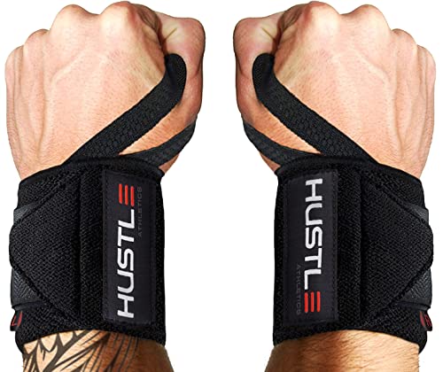 Hustle Athletics Wrist Wraps Weightlifting - Best Support for Gym & Crossfit - Brace Your Wrists to Push Heavier, Avoid Injury & Improve Your Workout Instantly - for Men & Women (Black, 12')