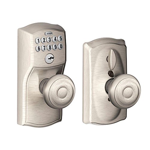 SCHLAGE FE595 CAM 619 GEO Camelot Keypad Entry with Flex-Lock and Georgian Style Knobs, Satin Nickel