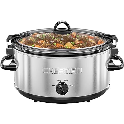 Chefman 6 Quart Slow Cooker with Locking Lid, Ceramic Crock with Portable Cook and Carry Travel Latching Lock, Large Easy Clean Dishwasher Safe Pot Insert, Manual 3 Heat Settings, Stainless Steel