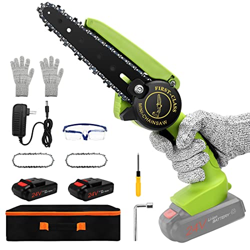 Mini Cordless Chainsaw, VOKITA 6 Inch Battery Powered Chainsaw, Electric chain saws for Wood Cutting Tree Branches Pruning, Electric Chainsaw, Green ( Small Chainsaw 2 Chains 2 Batteries 1 Bag)