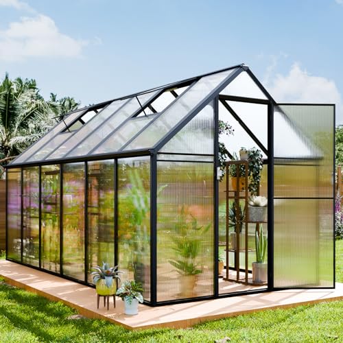 WACASA 12.4x6.2 FT Polycarbonate Greenhouse for Outdoors, Heavy Duty Aluminum Greenhouses kit with Rain Gutter, Vent and Lockable Door, Walk-in Green House, Garden, Patio, Backyard, Easy Assembly
