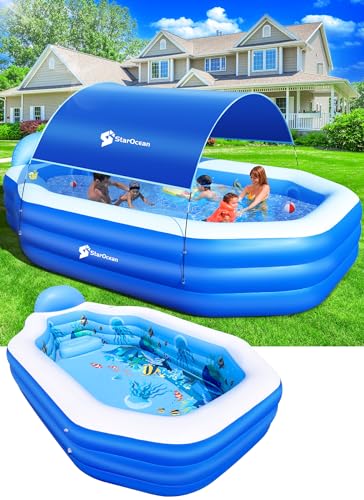 StarOcean Inflatable Pool with Canopy, 2024 Large Inflatable Swimming Pool for Kids,Adult, Blow Up Pool With Seats,Backrest.Durable Thickened 125'x 75'x 25' Inflatable Family Pool for Backyard,Outdoor