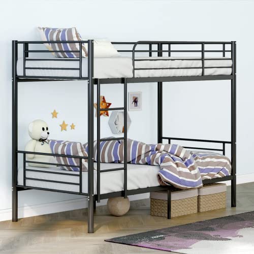 Bunk Beds Frame Twin Over Twin, Heavy Duty Twin Size Metal Bunk Bed Frame with Guardrail & Ladders , Space-Saving, Noise Free, No Box Spring Needed (Black) 2685