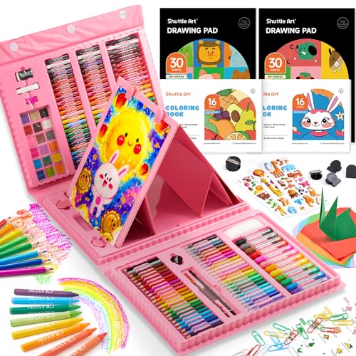 Shuttle Art 335 Pieces Kids Art Set, Multi-Media Art Supplies, Gift Art Kit with Trifold Easel, 2 Drawing Pads, 2 Coloring Books, Oil Pastels, Crayons, Watercolors, Markers, Colored Pencils (Pink)